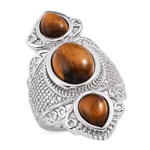 Tiger's Eye 9.85 ctw 3 Stone Ring in Stainless Steel size 6